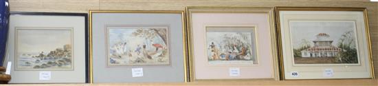 19th century English School, four watercolours, Indian study of a bungalow with annotations verso; Miss Louisa Her Picnic; Study from
